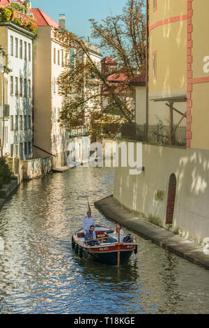 Prague, Czech Republic - September 10, 2019: couple on a romantic cruise trought Certovka canal Stock Photo
