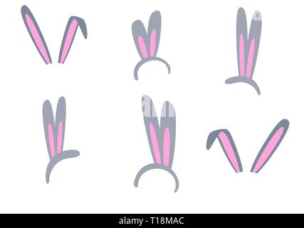 Set of isolated Easter bunny ears on a white background. Pink and gray mask with a rabbit ear. Spring seasonal cute clipart. Illustration hare ears fo Stock Vector