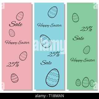 Vertical certificates at a discount for Easter sale. With the contours of eggs on a pink, blue and green background. Simple stylish design for flyers, Stock Vector