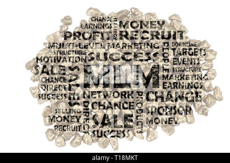 Keywords to the main term multi level marketing highlighted in dark transparency in front of closeup golden splinters Stock Photo