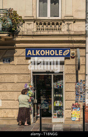 Krakow, Poland - September 21, 2019: 24 hours convenience store near Wawel castle sells souvenirs and alcohol Stock Photo