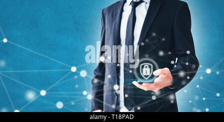 mobile phone privacy concept -  businessman using smartphone with network illustration and security symbol Stock Photo