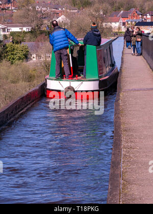 Narrowboat crossing the Pontcysyllte Aqueduct and Canal, near Langollen, Wales, UK Stock Photo