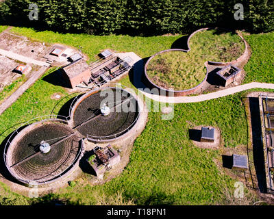 Sewage treatment plant viewed from above from the Pontcysyllte Aqueduct and Canal, near Langollen, Wales, UK Stock Photo