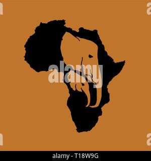 Vector silhouette of black Africa with two brown elephant head silhouette inside on brown background. Elephant mother and baby head logotype Stock Vector