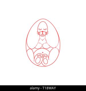 Vector illustration of red Easter bunny in Easter egg shape. Line art design. Stock Vector
