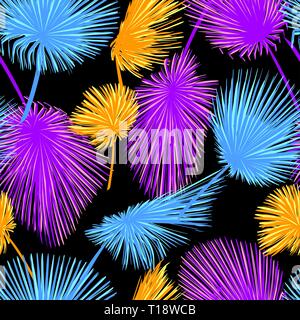Vector seamless pattern of palm tree leaves on black background. Ultra neon colored background Stock Vector
