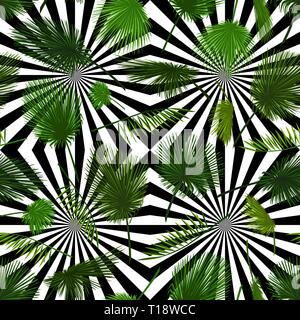 Vector seamless pattern of colorful palm leaf on abstract black white background. Tropical palm leaves background with optical illusion Stock Vector