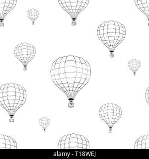 Vector seamless pattern of black hot air balloons outline on white background Stock Vector