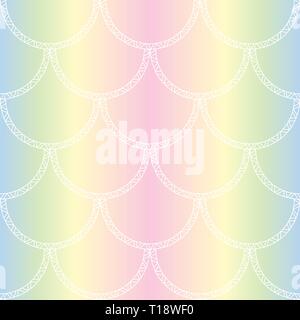 Vector white mermaid tail texture. Fish scales seamless pattern on rainbow gradient background Stock Vector