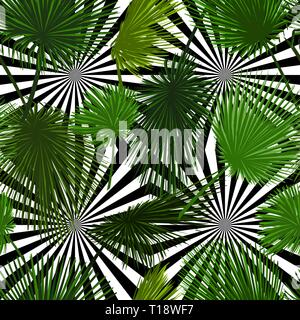 Vector seamless pattern of colorful palm leaf on abstract black white background. Tropical palm leaves background with optical illusion