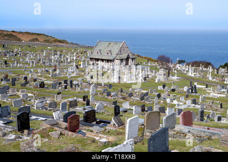 Great Orme Cemetery Chapel and cemetery near Llandudno were established in 1859 adjacent to the ancient church of St Tudno. Stock Photo