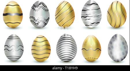 Set gold and silver eggs with pattern. Eggs Easter. Vector illustration, golden and silver eggs isolated on white background with shadow. Happy Easter Stock Vector