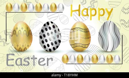 Set gold and silver eggs with pattern. Eggs Easter. Vector illustration, golden and silver eggs isolated on white background with shadow. Happy Easter Stock Vector