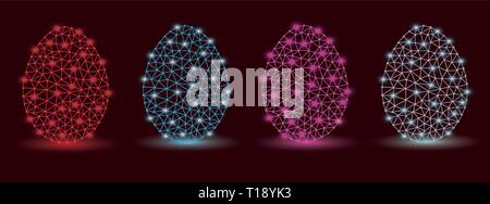 Set Abstract Easter eggs consisting of lines and glowing or neon dots. Abstract egg triangle shape. Happy Easter Egg. Vector illustration Stock Vector