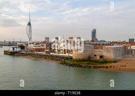 General view during arrival at Portsmouth Harbour, Hampshire, England of the Round Tower with Spinnaker Tower in the distance.
