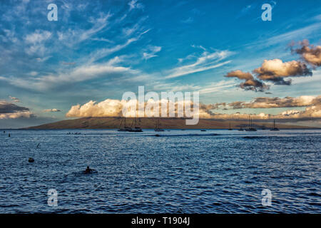 View from Lahaina out to Lanai early in the morning. Stock Photo