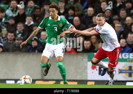Northern Ireland's Jamal Lewis (left) in action during the UEFA Euro 2020 Qualifying, Group C match at Windsor Park, Belfast. Stock Photo