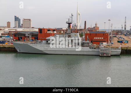 The HMS Mersey(P283) a River-class offshore patrol vessel (OPV) of the British Royal Navy moored in the Royal Navy Dockyard, Portsmouth, UK. Stock Photo
