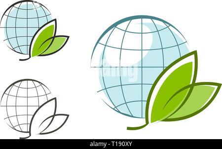 Globe with green leaves, logo. Eco, natural, organic icon or symbol. Vector graphics Stock Vector