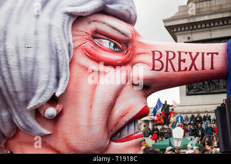 LONDON, UK - March 23rd, 2019: A political satire sculpture of Theresa May made by artist Jacques Tilly at the Put it to the People March in London Stock Photo