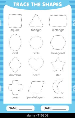 learning for children, drawing tasks. trace the geometric shapes around the contour. Stock Vector