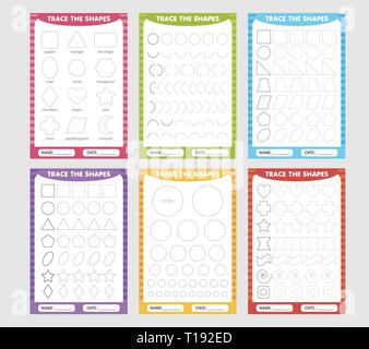 learning for children, drawing tasks. set of trace the geometric shapes around the contour. Stock Vector