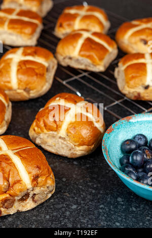 Freshly baked hotcross buns on a granite work surface with a bowl of blueberries Stock Photo