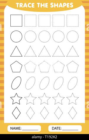 learning for children, drawing tasks. trace the geometric shapes around the contour. Stock Vector