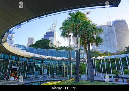 SYDNEY, AUSTRALIA -18 JUL 2018- View of the Calyx, an event and exhibit space with a large green living plant wall in the Royal Botanical Gardens in S Stock Photo