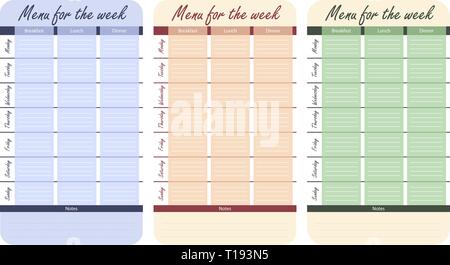 meal plan for the week vector. 3 color menu options for the week. template for food diary. Stock Vector