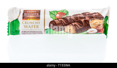 Winneconne, WI - 15 March 2019: A package of  Feiny biscuits fine bakeries crunchy wafer on an isolated background Stock Photo