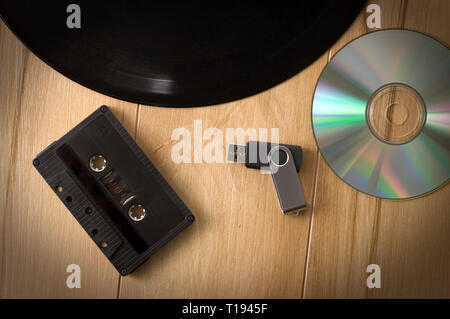 Vintage Look Music Recording Evolution with Cassette USB Key, Vinyl record and CD Horizontal Stock Photo