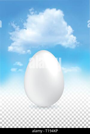 White Easter egg on transparent background and blue cloudy sky. Easter banner Stock Vector