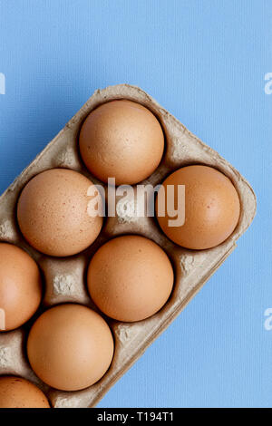 Raw hen eggs in a carton with a colourful background. Stock Photo