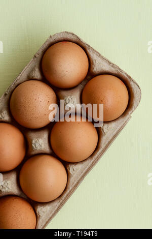 Raw hen eggs in a carton with a colourful background. Stock Photo