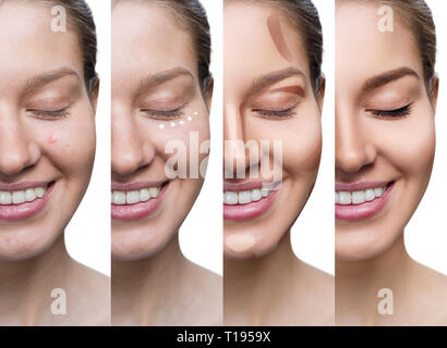 Collage of woman applying makeup step by step. Stock Photo