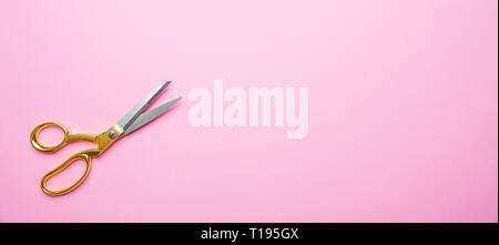Beauty hair salon concept. Scissors with golden handle on pink background, banner, copy space, top view Stock Photo