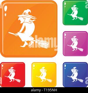 Witch on broom icons set vector color Stock Vector
