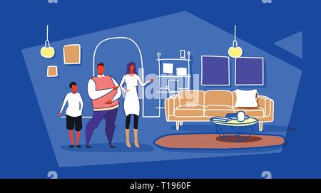 happy family husband wife and son standing together modern living room interior woman showing hand new apartment house sketch doodle horizontal full Stock Vector