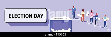 election day concept men women voters casting ballots at polling place during voting people putting paper ballot in box climbing stairs up full length Stock Vector