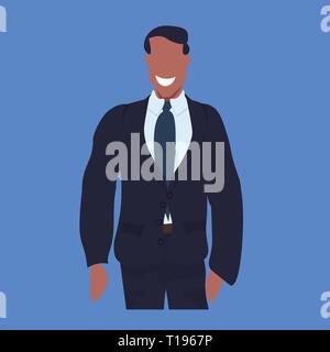 happy businessman in suit standing pose african american business man office worker male cartoon character portrait flat blue background Stock Vector