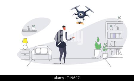 man getting parcel gift box from quadcopter express air mail delivery by drone concept modern apartment living room interior sketch doodle horizontal Stock Vector