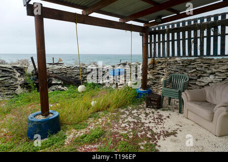 Beacon island before rehabilitation, the fishing shacks have now been removed. Beacon Island was known as Batavia's graveyard by survivors of the Bata Stock Photo