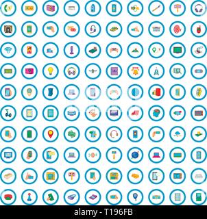 100 mobile icons set, cartoon style Stock Vector
