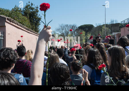 Students from schools in the Garbatella district, accompanied by their teachers, demonstrated on 03/23/2019 by going to the Fosse Ardeatine where 70 years ago, on 24 March 1944, the German occupation troops, commanded by General Kappler, slaughtered more than 335 people in retaliation against the attack against the SS Bolzano regiment carried out by a partisan cell in via Rasella, in the center of Rome. After the war the site was recognized as a Memorial Cemetery and National Monument where every year an institutional ceremony is held with the participation of the Head of State, other institut Stock Photo
