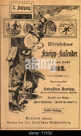 calendar, 'Kneipp-Kalender 1892' (Kneipp calendar 1892), publisher: Sebastian Kneipp (1821 - 1897), second volume, 6th edition, title page, Kempten, 1892, Additional-Rights-Clearance-Info-Not-Available Stock Photo