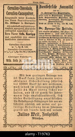 calendar, 'Kneipp-Kalender 1892' (Kneipp calendar 1892), publisher: Sebastian Kneipp (1821 - 1897), second volume, 6th edition, advertisements, Kempten, 1892, Additional-Rights-Clearance-Info-Not-Available Stock Photo
