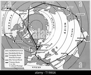 transport / transportation, aviation, airline, SAS Scandinavian Airlines, flight routes across the North Pole: Nordatlantik route, Transpolar route America - Europe, old Far East route, East Asia route across the Northwest Passage, map, 1950s, Additional-Rights-Clearance-Info-Not-Available Stock Photo