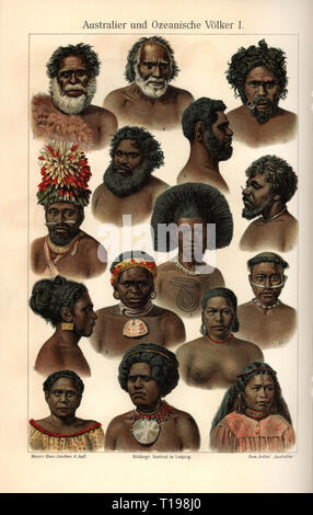 people, ethnicity, Australian and Oceanic nations I, Australia, 1: North Australian, 2: South Australian, 3: West Australian of Ashburton, 4: Tasmanian, 5: New Britannian, New Pomerania (Bismarck Archipelago), 6: New Caledonian, 7: Solomon islander, 8: New Hebrides islander, 9: Papuan from New Guinea, 10 and 11: Fiji, man and woman, 12 and 13: from the Anchorite Islands (Bismarck Archipelago), man and woman, 14: Yap islander, 15: Mortlock islander, colour lithograph, colour plate, Meyers Konversations-Lexikon, 6th edition, volume 2, 1904, Aborigi, Additional-Rights-Clearance-Info-Not-Available Stock Photo